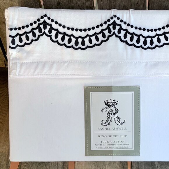 Rachel Ashwell KING Size 100% Cotton Sheet Set NAVY BLUE Embroidered Hem - Picture 1 of 3